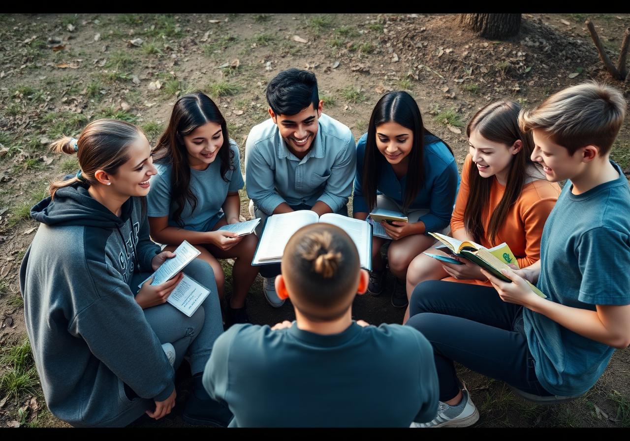 Jovens em roda com líder cristão