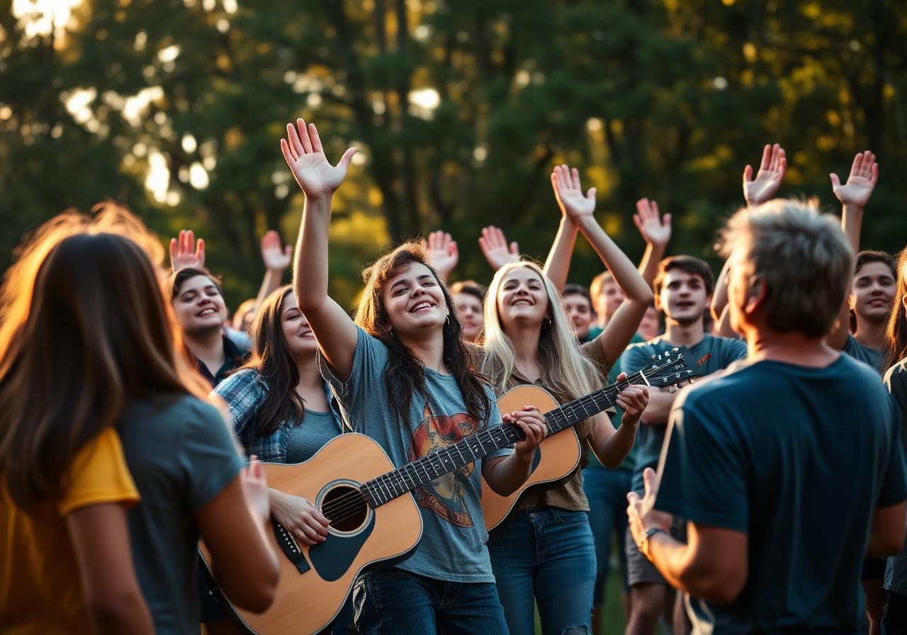 Jovens em louvor ao ar livre no acampamento